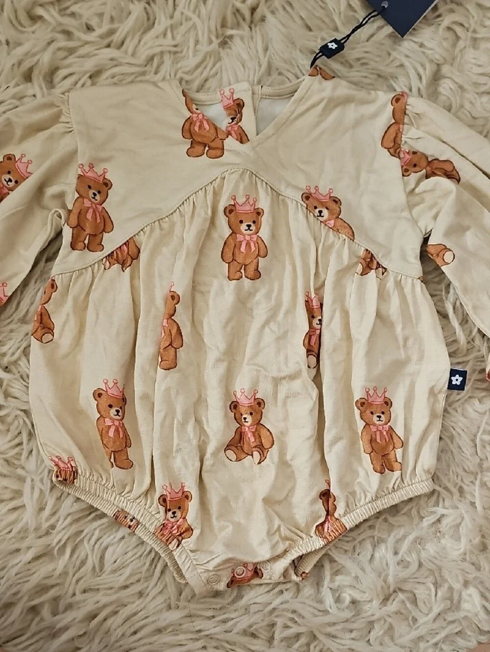 Larkspur Long Sleeve Bubble Romper In Princess Bear Print (Birthday Girl Outfit)